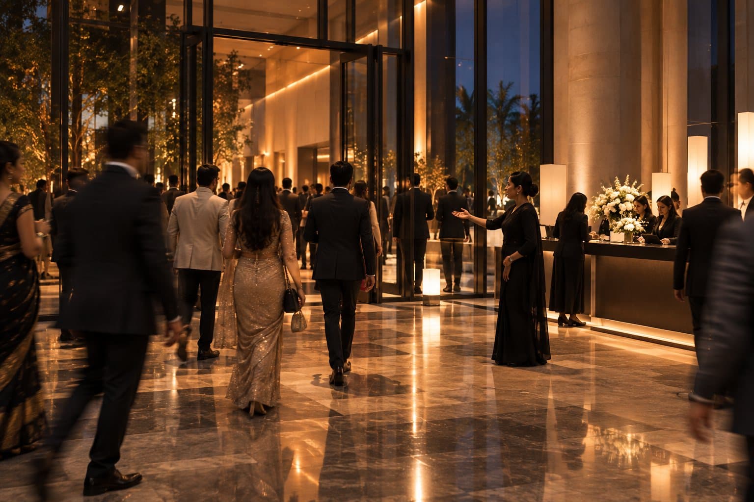 Guests in formal wear arriving through a glass foyer at dusk while a host in black guides them in.
