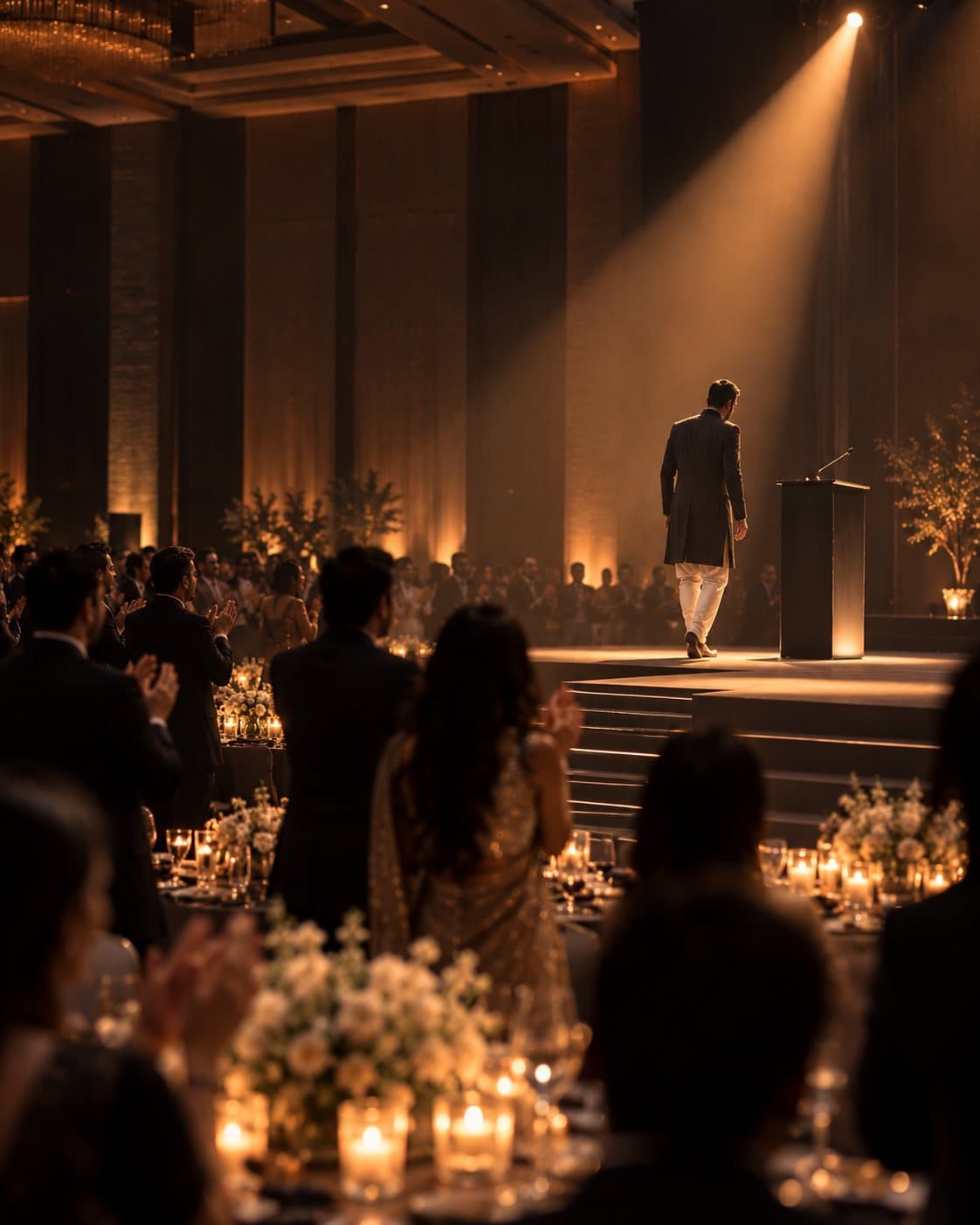 An award recipient in a sherwani walks toward a spotlit podium while guests at candlelit tables stand to applaud.