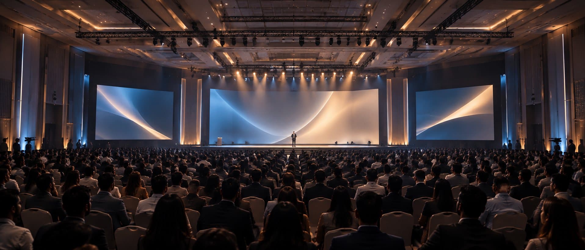 A large conference hall with hundreds of delegates facing a speaker on a stage framed by three wide screens.