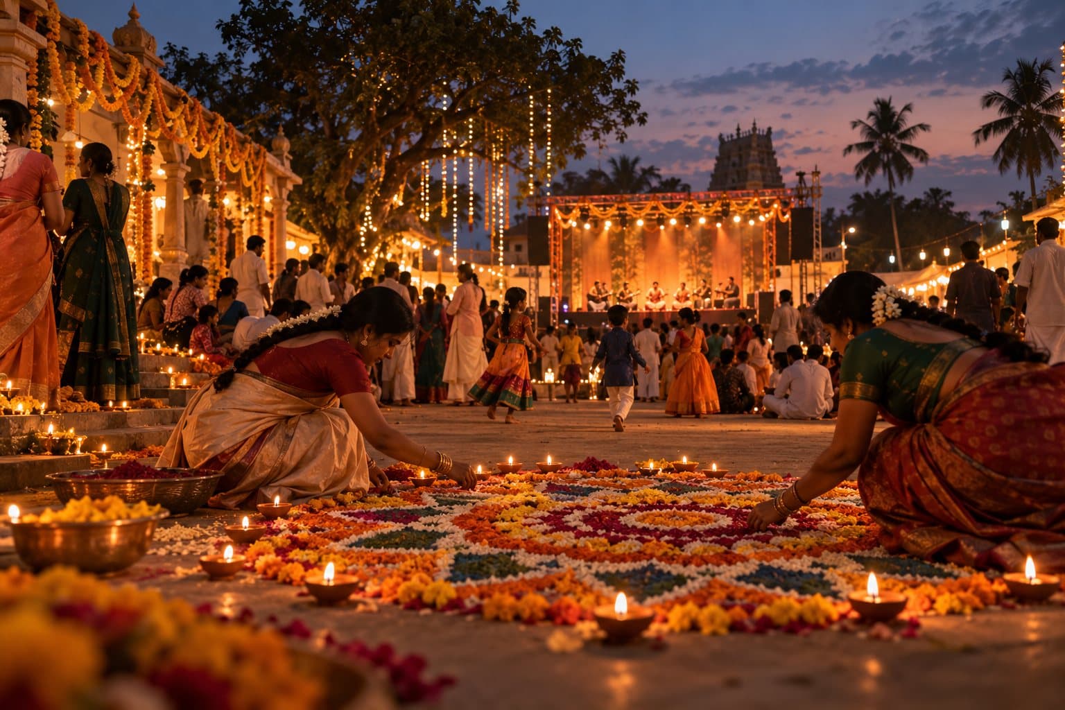 Women completing a large flower rangoli ringed by oil lamps at a town festival, a music stage and temple tower behind.
