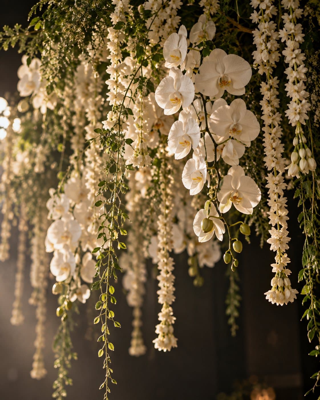 A suspended installation of white orchids and jasmine strands against a dark background.