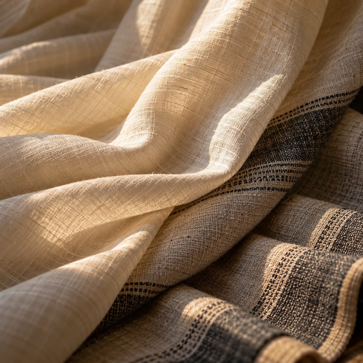 Folds of ivory handwoven fabric with a charcoal border catching warm side light.