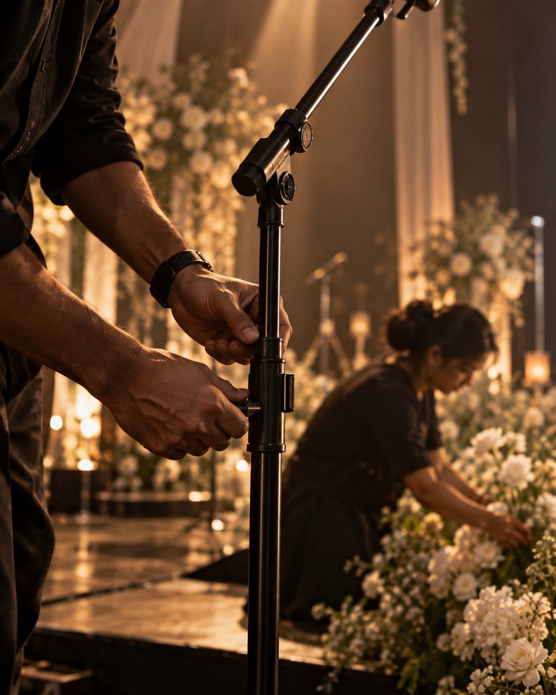 A crew member adjusts a microphone stand while a florist places the last flowers at the edge of the stage.