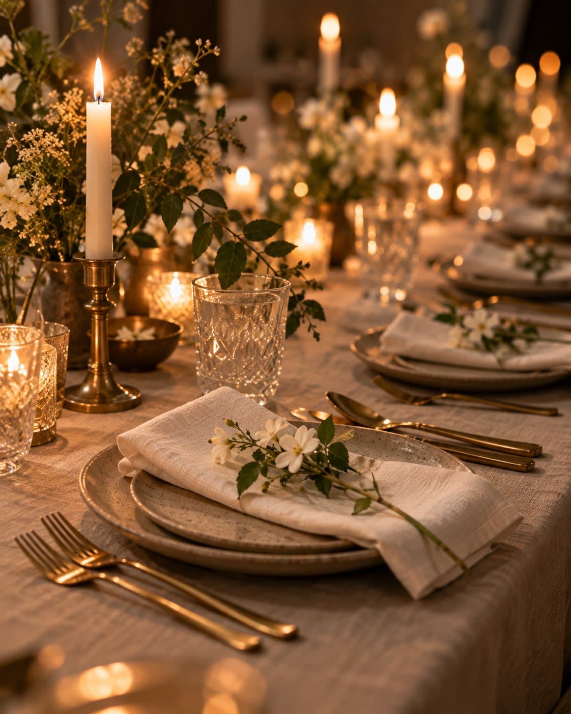A long candlelit table set with linen napkins, stoneware plates, brass cutlery and sprigs of white flowers.