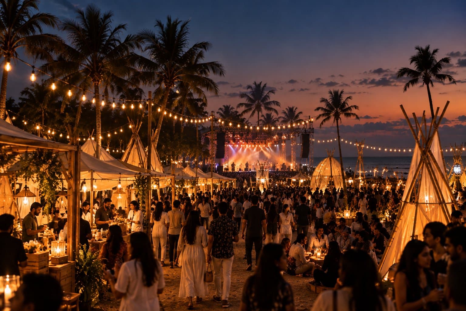 Festival stalls, lights and a stage by the sea.