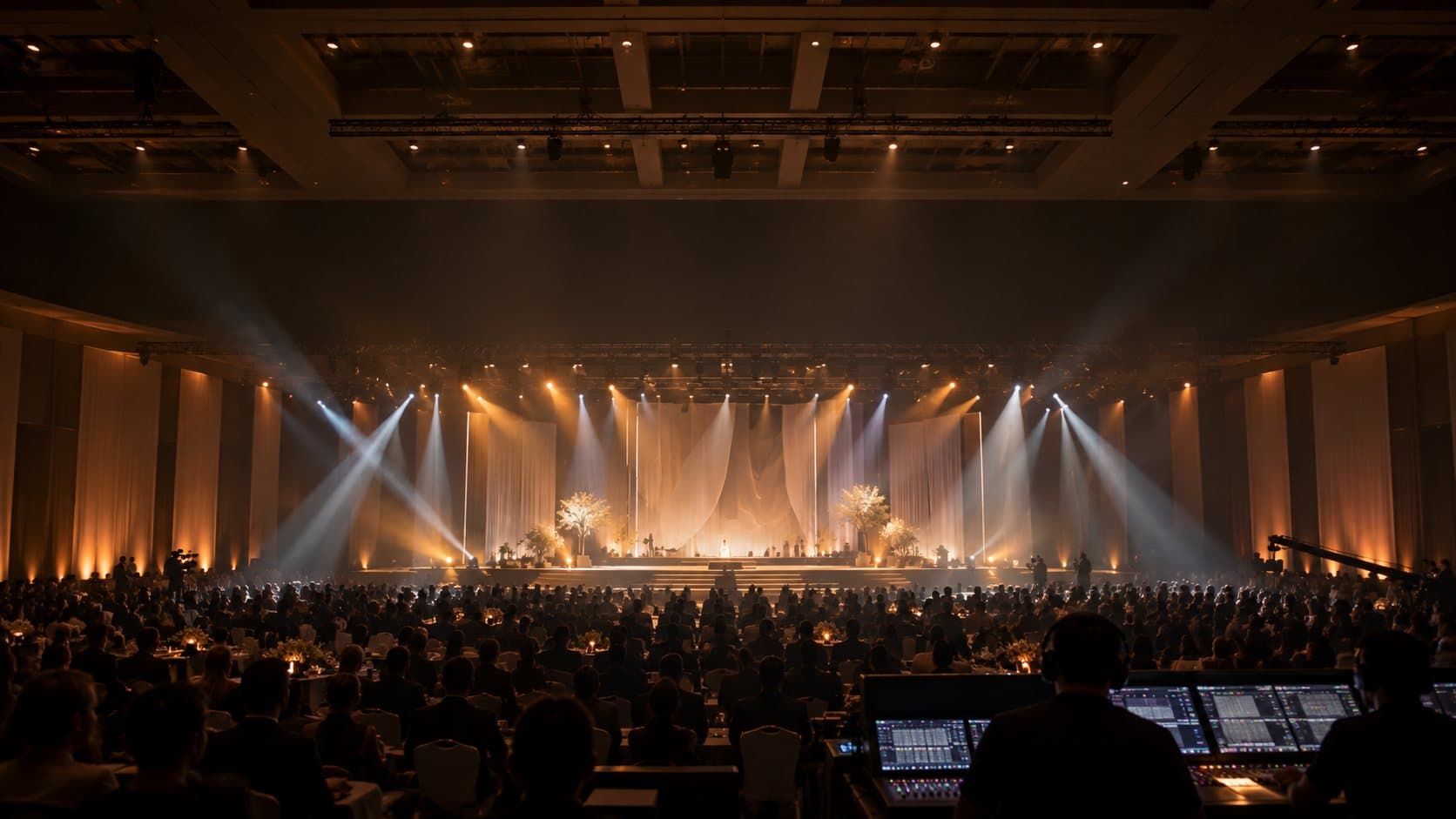A packed event hall seen from the back as the lights dim: guests at candlelit tables, a lit stage with white drapes, and the control desk crew in the foreground.