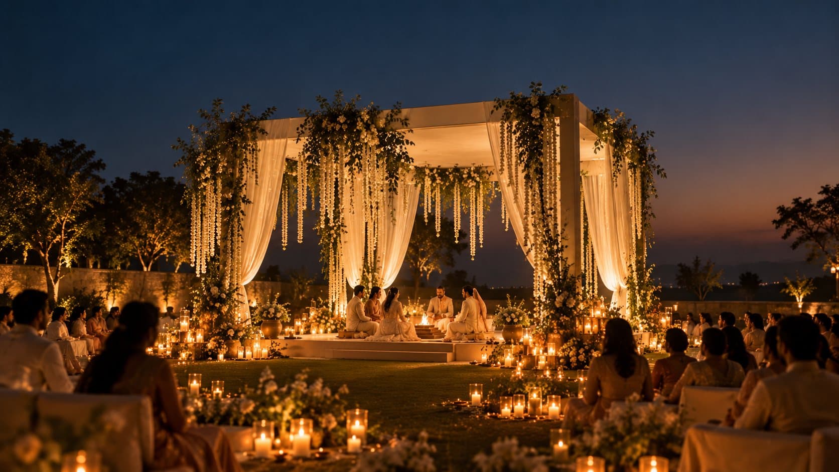 A minimalist white mandap on a lawn at night, draped in fabric and jasmine, surrounded by hundreds of candles and seated guests.